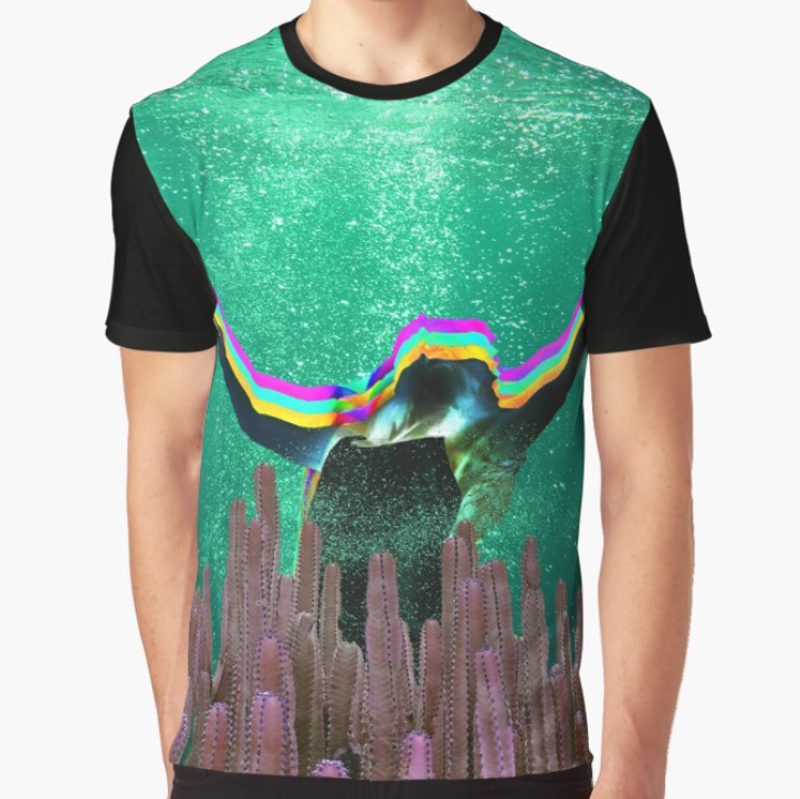 A t-shirt with an all over design of a person sinking into teal water behind cactus-like coral, their arms and face are raised up to the surface and they are phasing out in neon colors surrounded by bubbles.